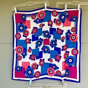 Vintage Satin Floral Square Scarf 70s Mod Geometric Print 25x26